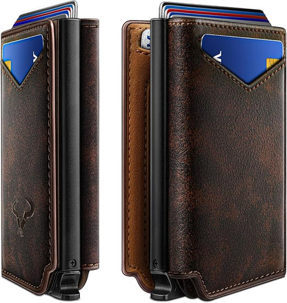 BULLIANT Men Wallet Leather Wallet Card Holders Money Clip for Men 10Cards-Magnetic Flip on Metal Case