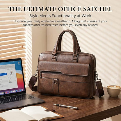 Men's Leather Laptop Bag 15 IN, Water-Resistant Briefcase Messenger Bag for Work, Business, Shoulder Crossbody Office Satchel