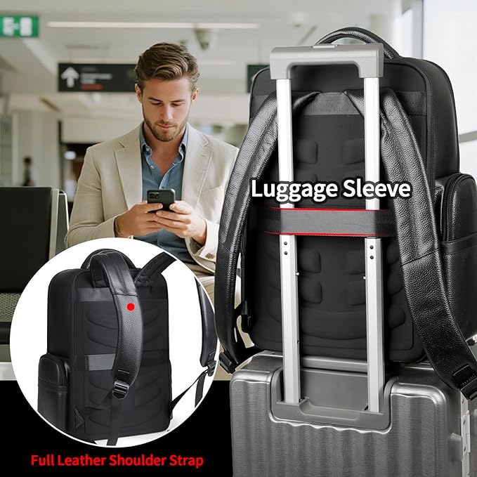 Genuine Leather Backpack for Men Business Black 15.6” Laptop with USB Charging Port Office Executive Mochila for Work Travel