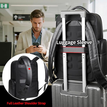 Genuine Leather Backpack for Men Business Black 15.6” Laptop with USB Charging Port Office Executive Mochila for Work Travel