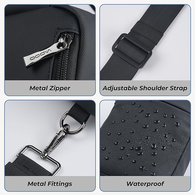 VADOO Sling Bag, Crossbody Bags with RFID & Water Resistant for Women and Men Small Faux Leather Chest Bag for Travel, Black