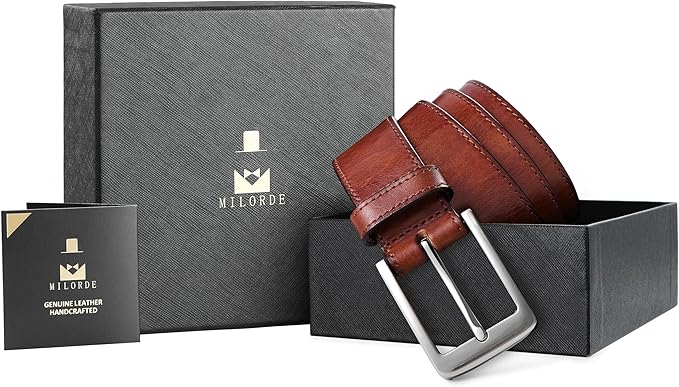 MILORDE Men's Genuine Leather Dress Belt, Handmade, 100% Cow Leather, Fashion & Classic Designs for Work Business and Casual