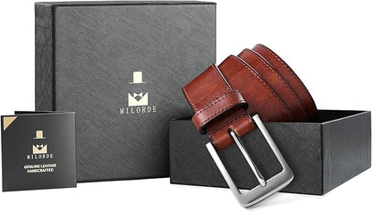 MILORDE Men's Genuine Leather Dress Belt, Handmade, 100% Cow Leather, Fashion & Classic Designs for Work Business and Casual