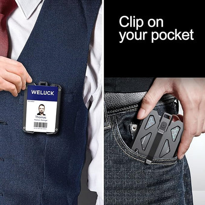 Badge Holder Wallet, Aluminum Card Holder with Metal Clip, Lanyard ID Holder 4 Cards Storable for Business Office Work Police Outdoor Gift (Black02)