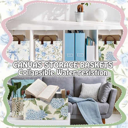 Boao 3 Pcs Blue Hydrangea Bow Storage Bin Flowers Collapsible Large Storage Baskets for Gifts Canvas Laundry Basket Foldable Box with Handle for Office Home Bedroom Clothes