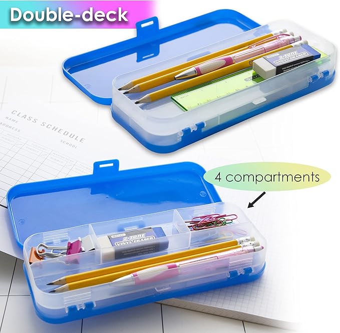 BAZIC PRODUCTS Plastic Pencil Case, Double Deck Utility Storage Box, Multi Purpose Organizer & Supply Holder, Transparent Box Design, Assorted Color, Ideal for School, Office & Craft Use, 144-Packs