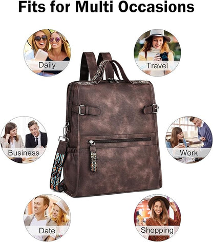 FADEON Leather Laptop Backpack for Women, Designer Ladies Work Travel Computer Backpack with Laptop Compartment Coffee Brown