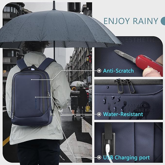 hk Laptop Backpack for Men with USB Charging Port Water-Resistant for 15.6 Inch Computer Bag Durable High-Tech Daypack Casual Backpack for Business Work College Weekender Travel- Blue