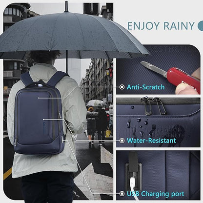 hk Laptop Backpack for Men with USB Charging Port Water-Resistant for 15.6 Inch Computer Bag Durable High-Tech Daypack Casual Backpack for Business Work College Weekender Travel- Blue