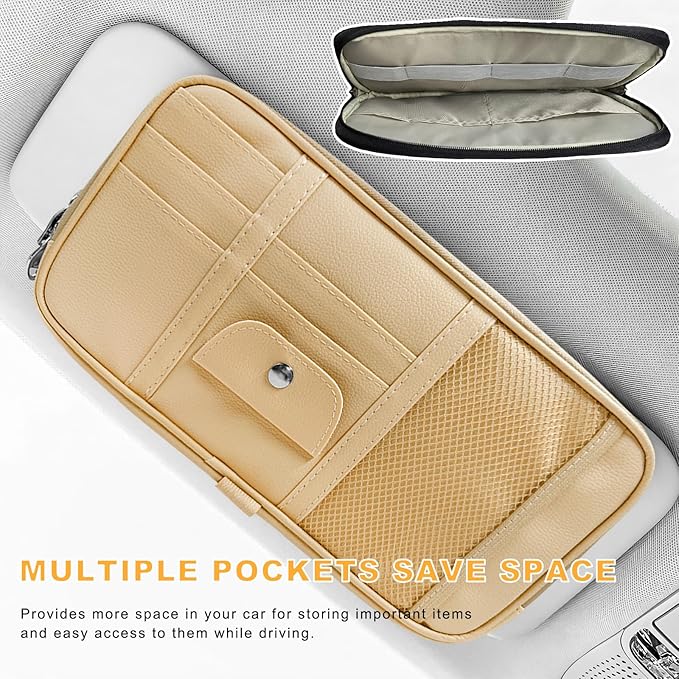 Car Sun Visor Organizer, Multi-Pocket Leather Auto Storage Pouch with Glasses Clip & Zippers, Multifunctional Sun Visor Storage Bag Ticket Organizer for Cars Trucks SUVs (Beige)