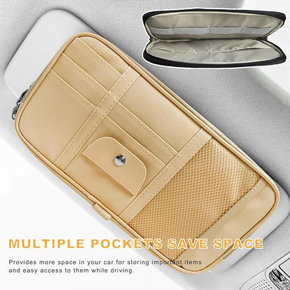 Car Sun Visor Organizer, Multi-Pocket Leather Auto Storage Pouch with Glasses Clip & Zippers, Multifunctional Sun Visor Storage Bag Ticket Organizer for Cars Trucks SUVs (Beige)