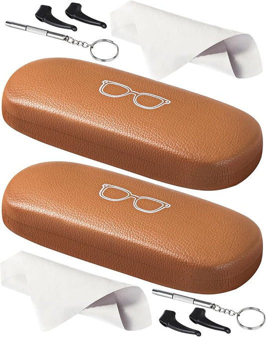 RayLove Glasses Case, 2 Pack Unisex Hard Shell Eyeglass Case PU Leather Hard Eyeglass Case with Eyewear Accessories
