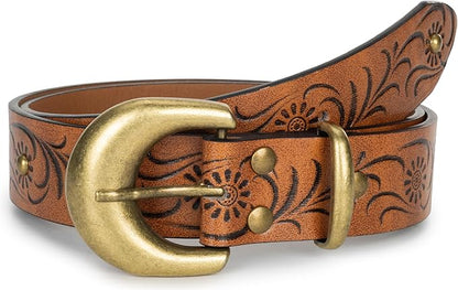 Mealah Vintage Western-Cowboy-Belt for Women Men - Carved Buckle PU Leather Waist Belts (for Waist 28"-38")