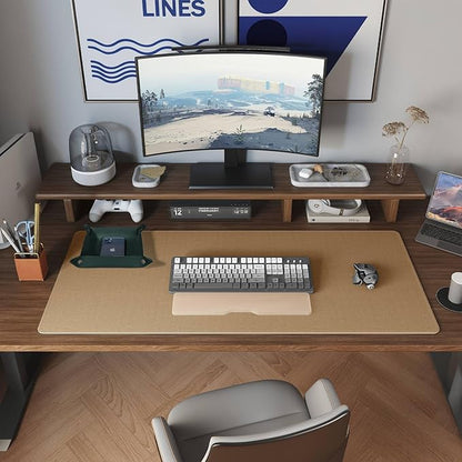 DAWNTREES Dual Sided Desk Mat,Leather Desk Pad,Cork Desk Mat Protector,with PU Leather Valet Tray Organizer,Large Mouse Pad,Desk Writing Pad for Office and Home(Dark Green 31.5"x15.8")