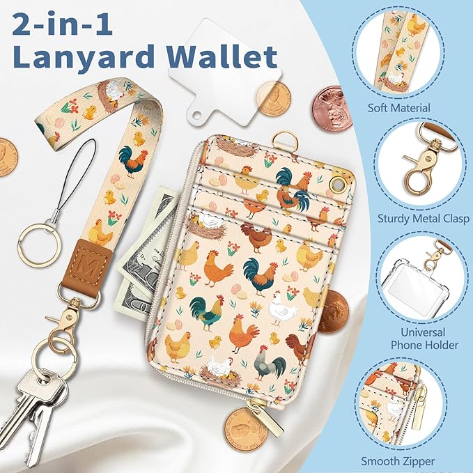 Lanyard Wallet with Id Badge Holder, Chicken RFID Small Keychain Wallet Women Wristlet, Cute Zipper Credit Card Holder Phone Wrist Neck Strap for Key Name Tag, Teacher Student Office Gifts