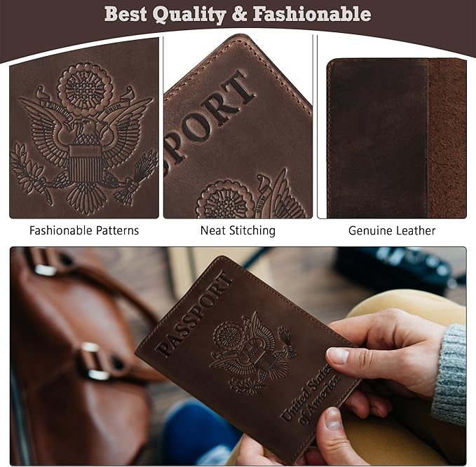 Shvigel US Leather Passport Book Cover - Thin American Travel Passport Holder - Premium International USA Passport Protector Case for Women Men (Brown Vintage New)