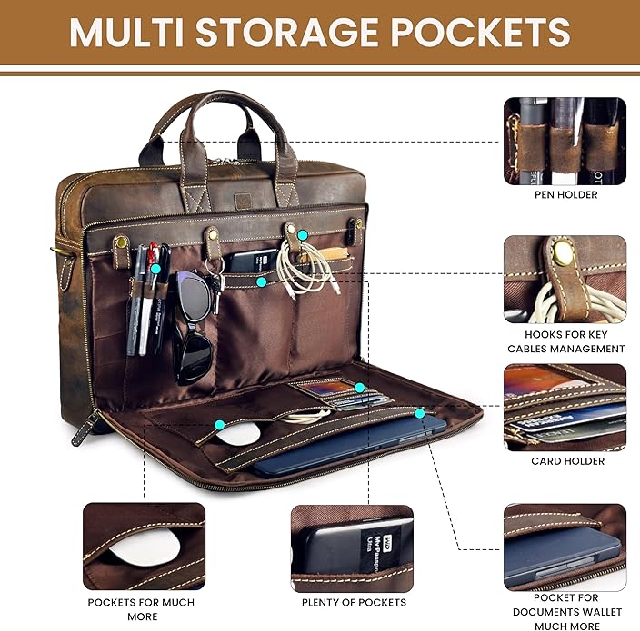 Full Grain Leather Messenger Bag for Men, 16” Briefcase Laptop Satchel Vintage Professional Office Work & Travel Bag