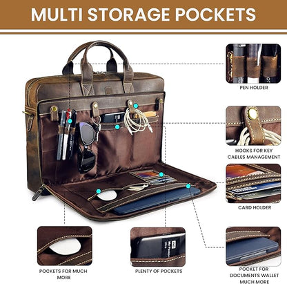 Full Grain Leather Messenger Bag for Men, 16” Briefcase Laptop Satchel Vintage Professional Office Work & Travel Bag