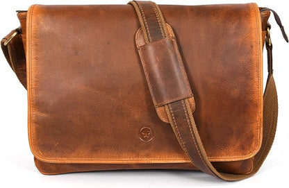 16" Crossbody Bag Leather Laptop Messenger Bag For Men with trolley sleeve for school office (Caramel)