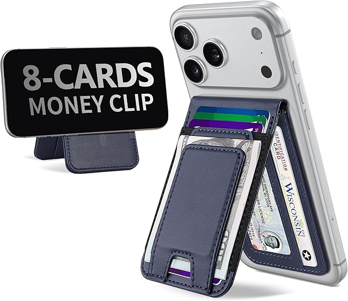 TopMade for MagSafe Wallet with Money Clip, Strongest Magnetic Card Holder for iPhone 17/16/15/14/13/12 Series, for iPhone Wallet with Adjustable Stand, ID Window, RFID Blocking, Navy Blue