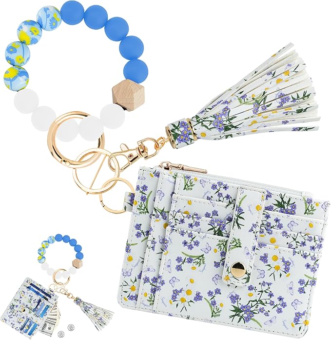 KNGITRYI Wallet Keychain Wristlet for Women,Slim RFID Credit Card Holder Purse Tassel Keychain Bangle Key Ring for Men Women