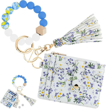KNGITRYI Wallet Keychain Wristlet for Women,Slim RFID Credit Card Holder Purse Tassel Keychain Bangle Key Ring for Men Women