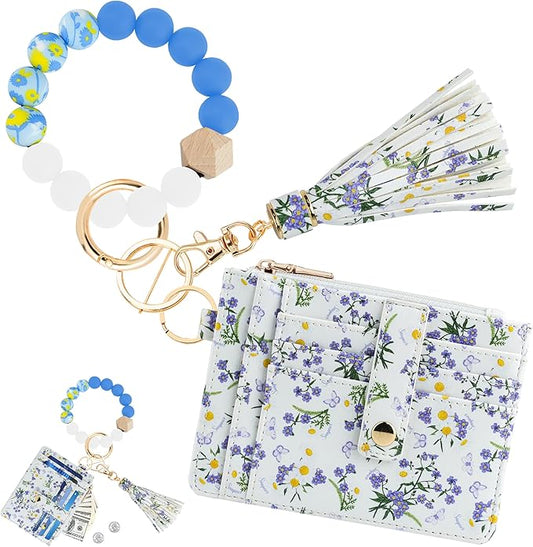 KNGITRYI Wallet Keychain Wristlet for Women,Slim RFID Credit Card Holder Purse Tassel Keychain Bangle Key Ring for Men Women
