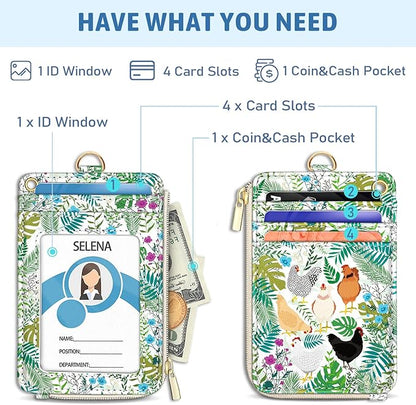 Piefly Chicken Lanyard Wallet with ID Badge Holder, Rooster Small RFID Wallet Women Keychain Wristlet, Slim Credit Card Holder with Zipper Pocket Phone Lanyard Wrist Strap Name Tag Office Teacher Gift