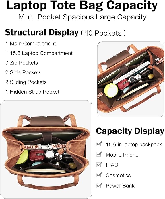 FADEON Large Laptop Tote Bag for Women Designer Leather Laptop Bag Fashion Travel Backpack Purse Shoulder Handbag