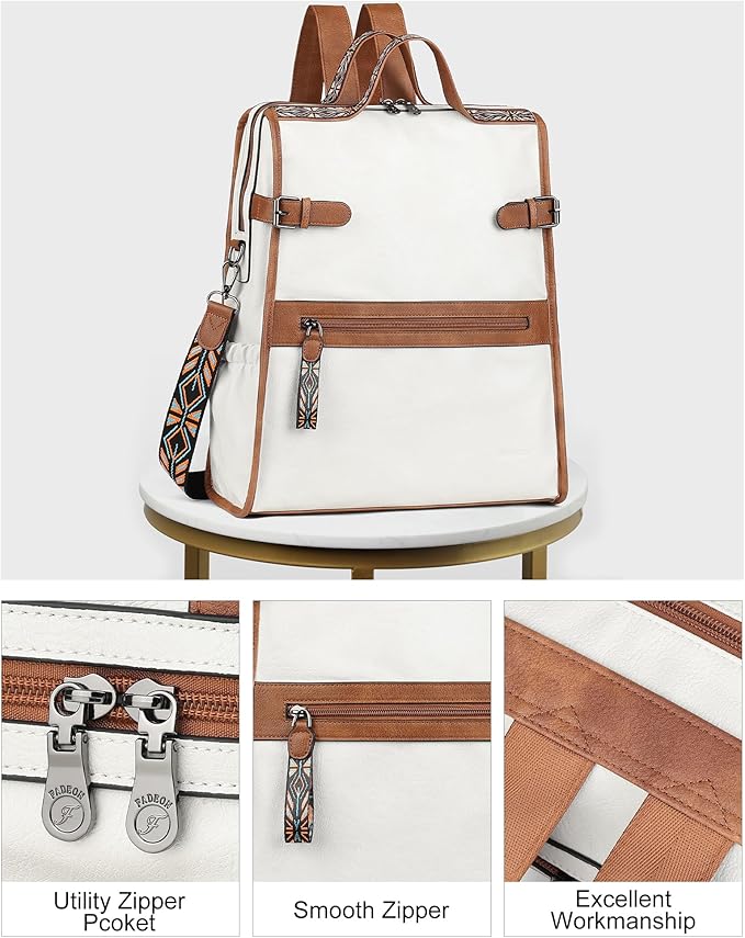 FADEON Leather Laptop Backpack for Women, Designer Ladies Work Travel Computer Backpack with Laptop Compartment Purse White