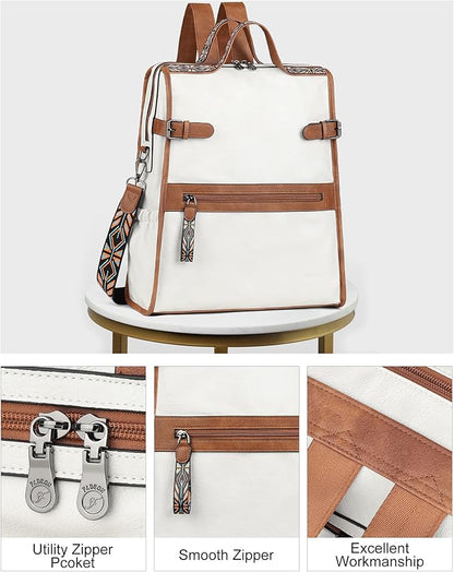 FADEON Leather Laptop Backpack for Women, Designer Ladies Work Travel Computer Backpack with Laptop Compartment Purse White