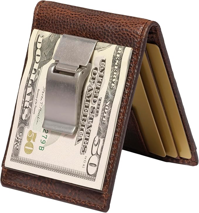 House of Jack Co. Deacon Bifold Money Clip Wallet for Men – Slim Front Pocket Leather Wallet with Metal Cash Clip, Exterior ID Window & Card Holder, Full-Grain Cowhide, Brown