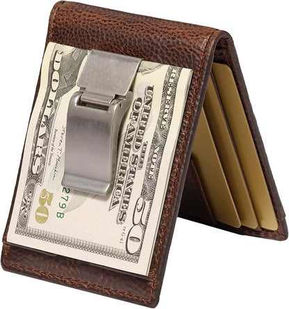 House of Jack Co. Deacon Bifold Money Clip Wallet for Men – Slim Front Pocket Leather Wallet with Metal Cash Clip, Exterior ID Window & Card Holder, Full-Grain Cowhide, Brown