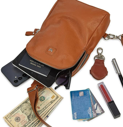 Leather Sling Bag for Women Genuine Crossbody Purse Small Trendy Cross Over Chest with Phone and Credit Card Slots (Cognac Nappa)
