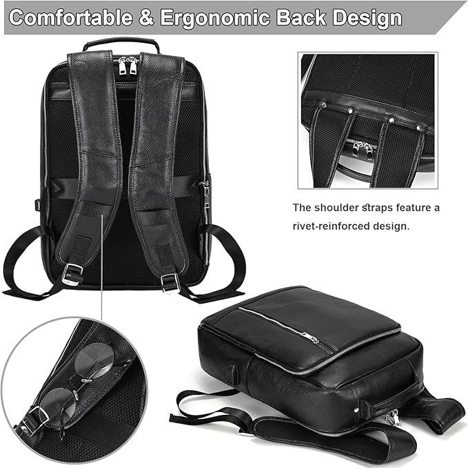 Genuine Leather 15.6 Inch Laptop Backpack for Men, Multi Pocket Slim Daypack Shoulder Bag with Trolley Sleeve for Business Travel (Black)