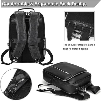 Genuine Leather 15.6 Inch Laptop Backpack for Men, Multi Pocket Slim Daypack Shoulder Bag with Trolley Sleeve for Business Travel (Black)