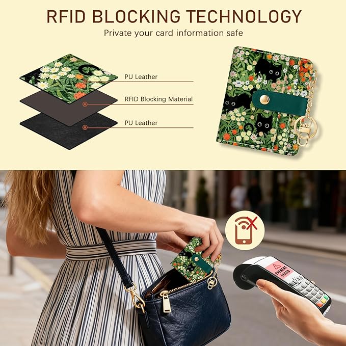Jogjam Black Cat Floral Rfid Women Wallet, Small Slim Thin Credit Card Wallet, PU Leather Bifold Cash Zipper Coin Pocket ID Window for Female Ladies Teen Girls Girly