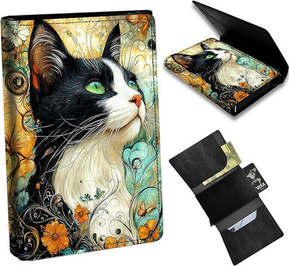 Minimalist Wallet for Men's Card Holders, Pop-Up Card Case Durable Wallets for Women, Leather Automatic Credit Card Holder with Metal Money Clip RFID Blocking Bifold Pocket, Black White Cat