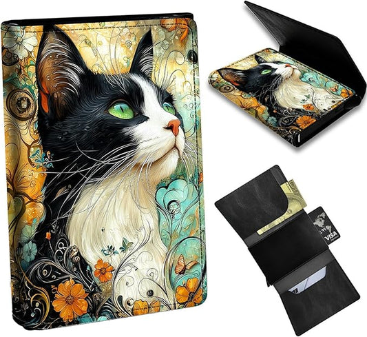 Minimalist Wallet for Men's Card Holders, Pop-Up Card Case Durable Wallets for Women, Leather Automatic Credit Card Holder with Metal Money Clip RFID Blocking Bifold Pocket, Black White Cat