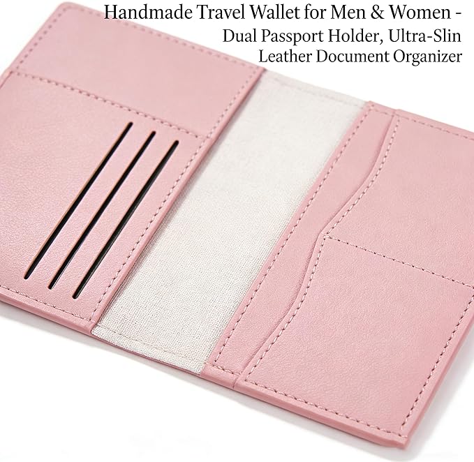 Handmade Travel Wallet for Men & Women - Dual Passport Holder, Ultra-Slim Leather Document Organizer (Black/Pink) (Pink)