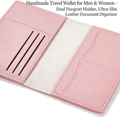 Handmade Travel Wallet for Men & Women - Dual Passport Holder, Ultra-Slim Leather Document Organizer (Black/Pink) (Pink)