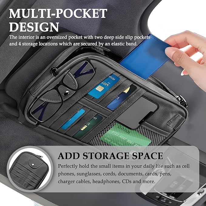 Upgrade Car Visor Organizer,Multipurpose Car Sun Visor Organizer with Sunglasses Holder for Storage Bank Cards,Driver's License,PU Leather Truck Visor Organizer for Most Vehicles (Black)