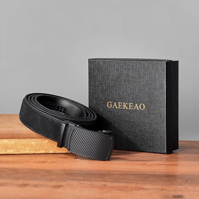 GAEKEAO Men's Belt Suede Leather Ratchet Belt for Men Micro-Adjustable Buckle for Dress, Casual & Everyday Wear, Trim to Fit
