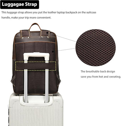LANNSYNE Vintage Genuine Leather Backpack For Men Fits up to 16" Laptop Travel Hiking Rucksack