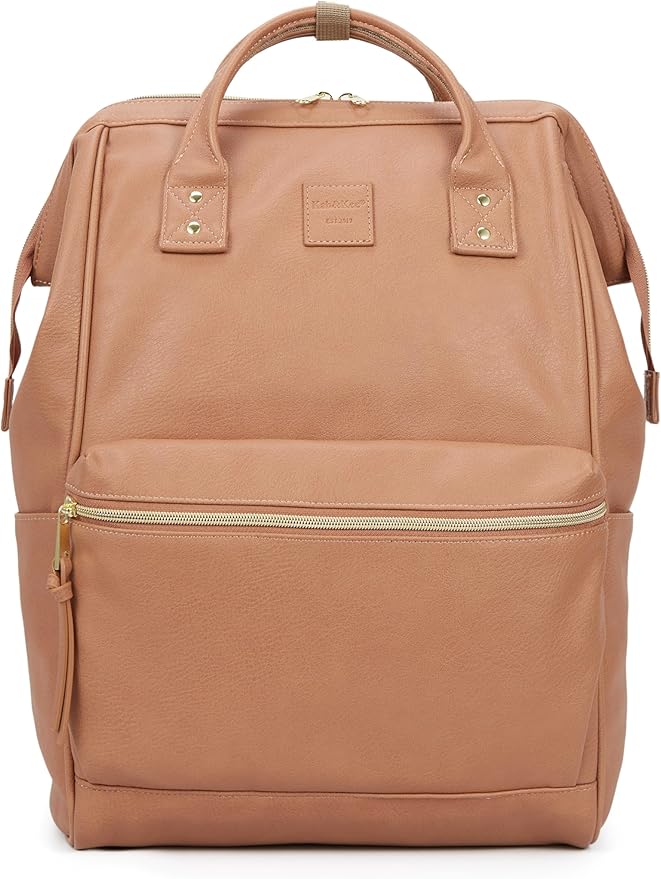 Kah&Kee Leather Laptop Backpack for Women, 15.6-16 Inch Professional Work Bag, Water-Resistant Vegan Leather Doctor Bag Backpack for Teacher, Nurse & Travel, Fits MacBook Pro 16 (Tan Pink,Large)