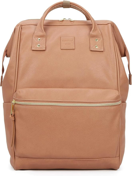 Kah&Kee Leather Laptop Backpack for Women, 15.6-16 Inch Professional Work Bag, Water-Resistant Vegan Leather Doctor Bag Backpack for Teacher, Nurse & Travel, Fits MacBook Pro 16 (Tan Pink,Large)