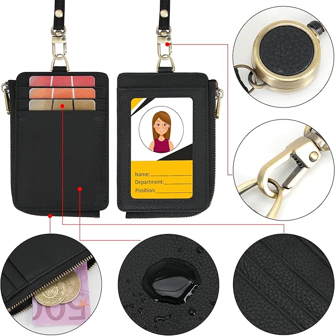 Wason Badge Holder Card Wallet Real Leather with Zipper, Detachable Neck Lanyard, Hand Strap, Retractable Badge Reel, Multi Purpose Case for ID Permit Badge Coin Key Driver's License (Black)