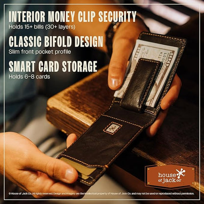 House of Jack Co. Jack Bifold Magnetic Money Clip Wallet for Men, Slim Front Pocket Wallet with Strong Interior Magnetic Clip, ID Window, Full Grain Cowhide, Brown