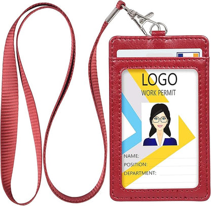 Teskyer Badge Holder with Lanyard, Leather ID Name Badge Card Holder with Lanyard for ID Badges, Vertical Wine Red