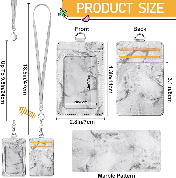 ID Badge Holder with Lanyard Marble Pattern Retractable Badge Holder PU Leather with Clear ID Window 1 Credit Card Case Name Badge Keychain Tags Protector for Women Nurse Teacher Office (Grey)